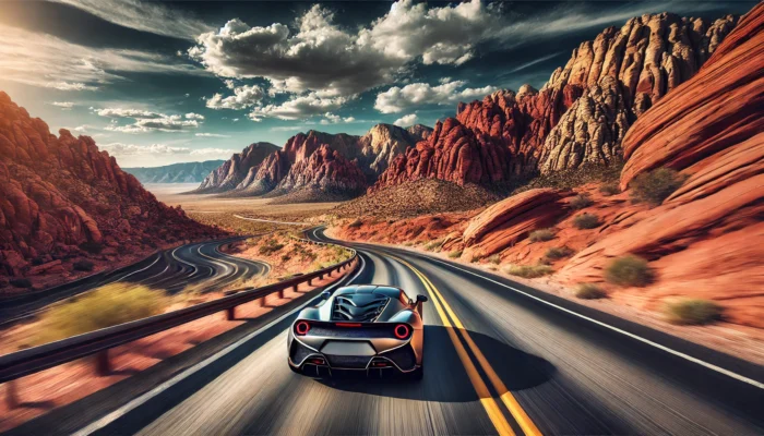 alt= "Driving a sports car through Red Rock Canyon near Las Vegas"