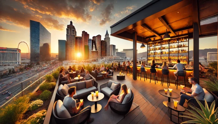 alt= "Rooftop bar at sunset in Las Vegas"