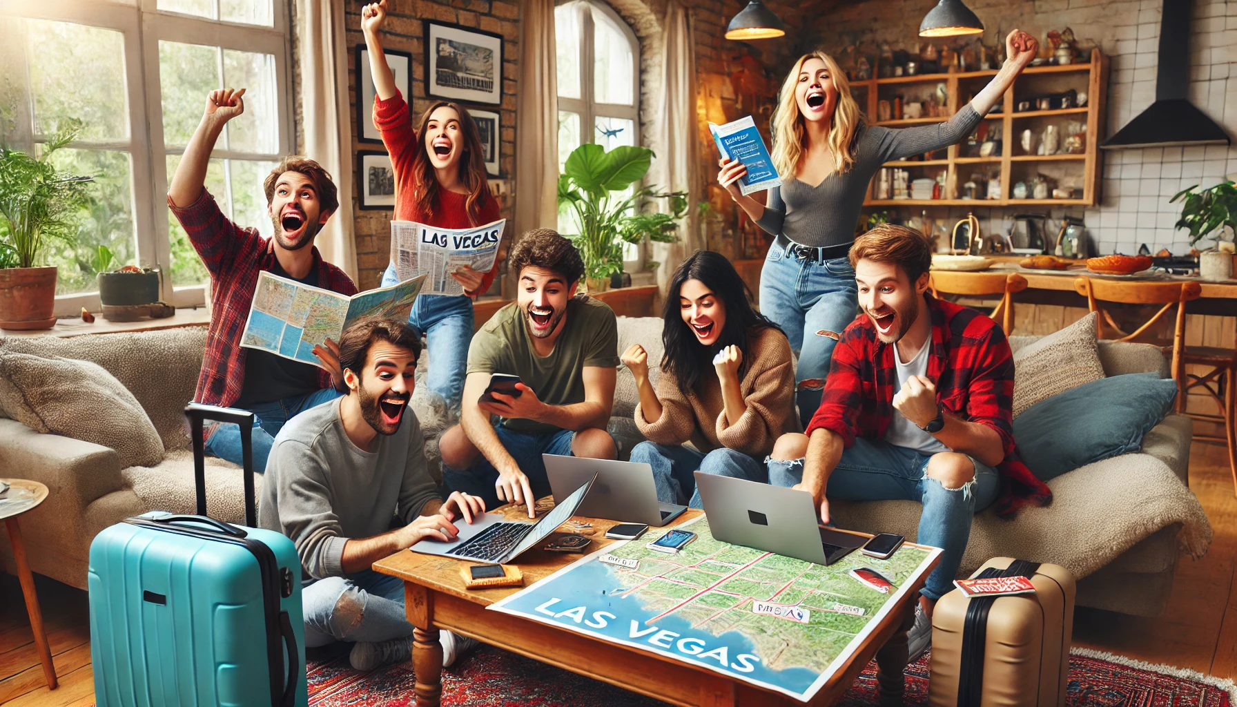 A group of friends in a cozy living room, excitedly booking flights to Las Vegas