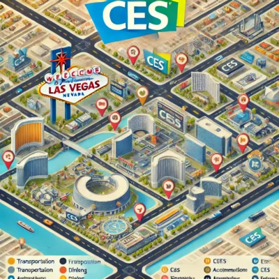 alt= "Map of CES venues, MGM, ARIA, Venetian"