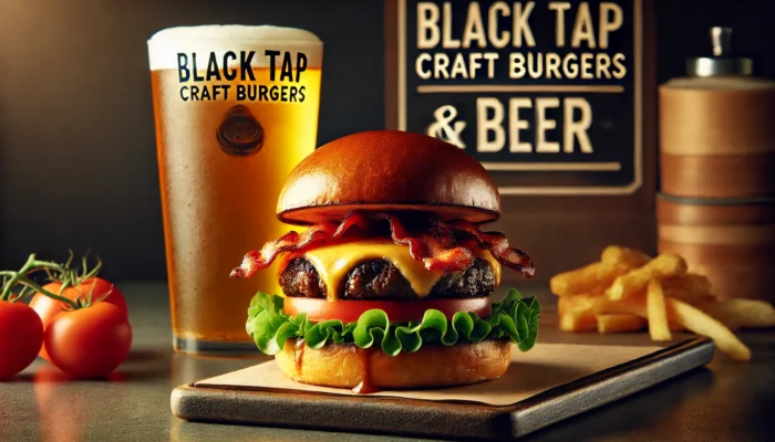 alt= "Signature burger and beer at Black Tap, Venetian Resort"