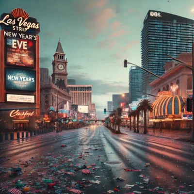 alt= "The morning after New Years Eve Fireworks, Las Vegas Strip"