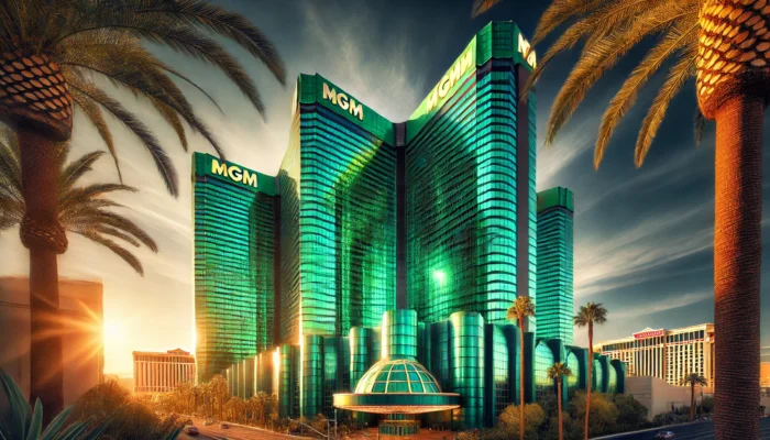 alt= "iconic emerald green facade MGM Grand"