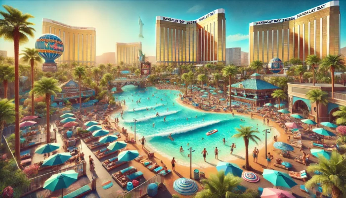 alt= " pools and beach Mandalay Bay Hotel"
