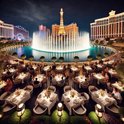 alt= "Dining at Spago by Bellagio Fountains"