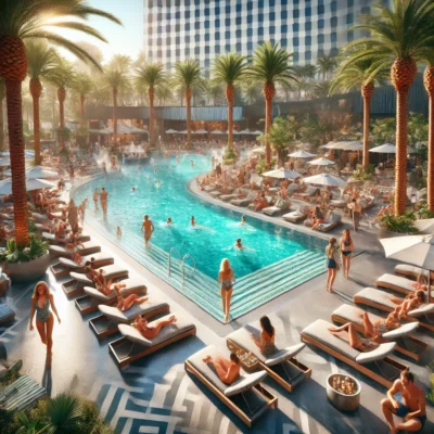 alt= "STRAT Hotel pool and relaxation"