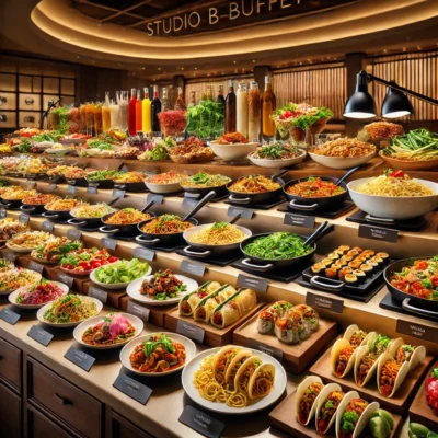 alt= "International food stations at Studio B Buffet"
