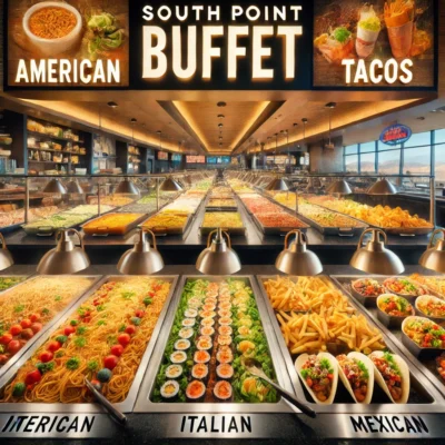 alt= "Food stations at South Point Buffet"