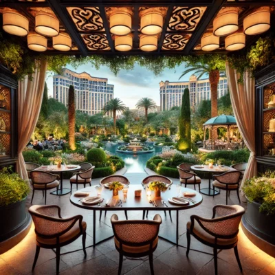 alt= "Outdoor patio at La Cave, Wynn Las Vegas"