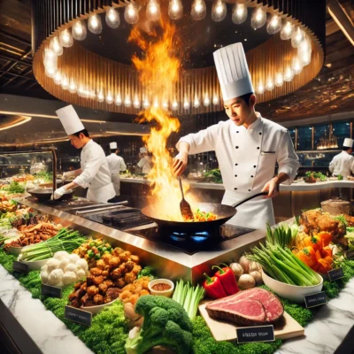 alt ="Live action cooking station at Wynn Buffet"