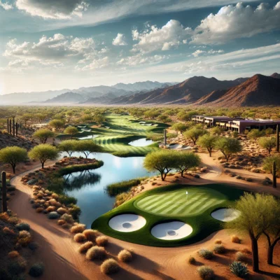 alt= "Signature hole at Coyote Springs Golf Club"