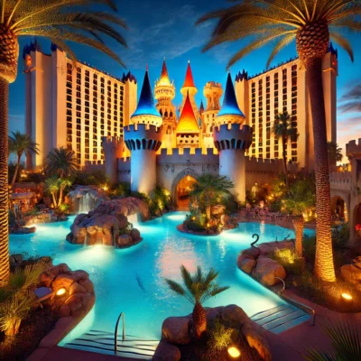 alt= "Medieval theme at Excalibur Hotel & Casino Pool"