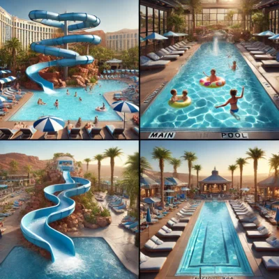 alt= "Four pools at Excalibur Hotel & Casino Pool area"