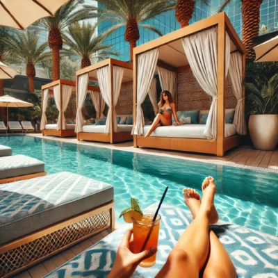 alt= "Cabanas at Palms Resort Casino pool"