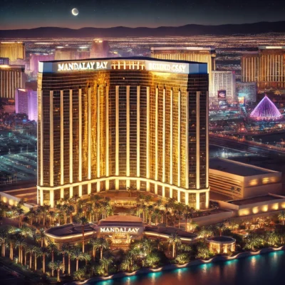 alt= "Mandalay Bay Resort at night"