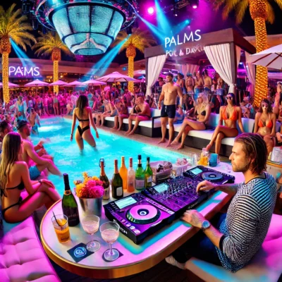 alt= "Pool party at Palms Casino Resort pool"