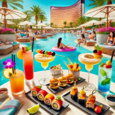 alt= "Cocktails and snacks at Encore Beach Club"