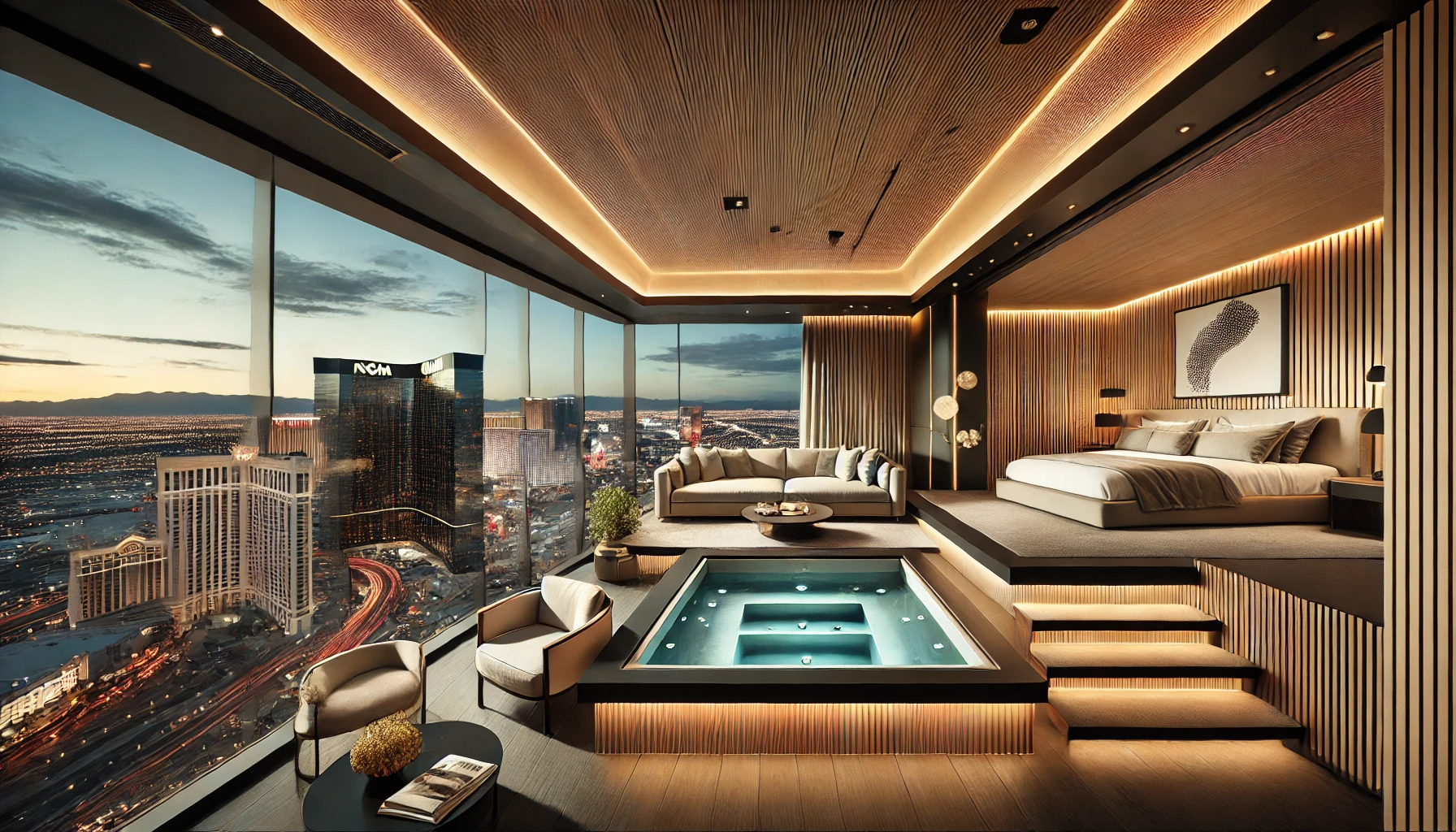 The Skylofts at MGM Grand, featuring modern loft-style design with an infinity-edge spa tub, two-story layout, minimalist decor, and panoramic views o