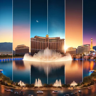 alt= "Bellagio Fountains day and night"
