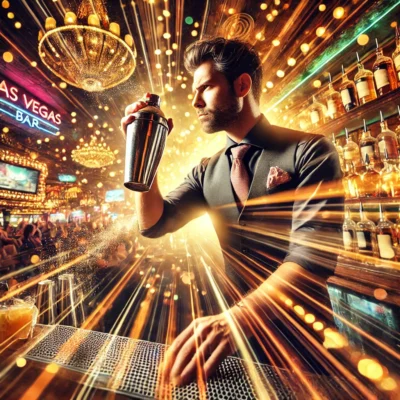 alt= "Bartender making cocktails in a Las Vegas bar"