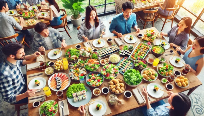 alt= 'Friends enjoying a buffet at one of the best restaurants for group dining in Las Vegas"