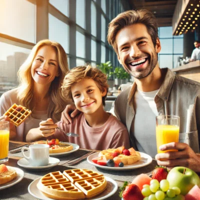 alt= "Family at Las Vegas hotels with free breakfast buffet"