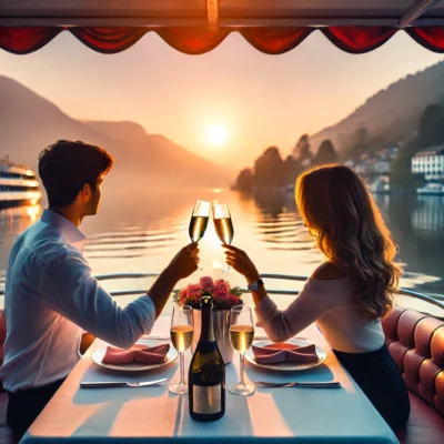 alt= "Champagne toast on a romantic dinner cruise"