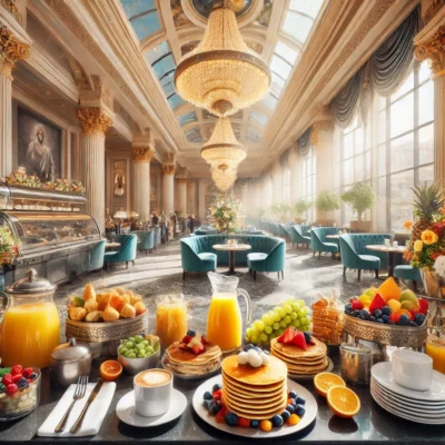 alt= "Luxurious spread at Las Vegas hotels with free breakfast buffet"