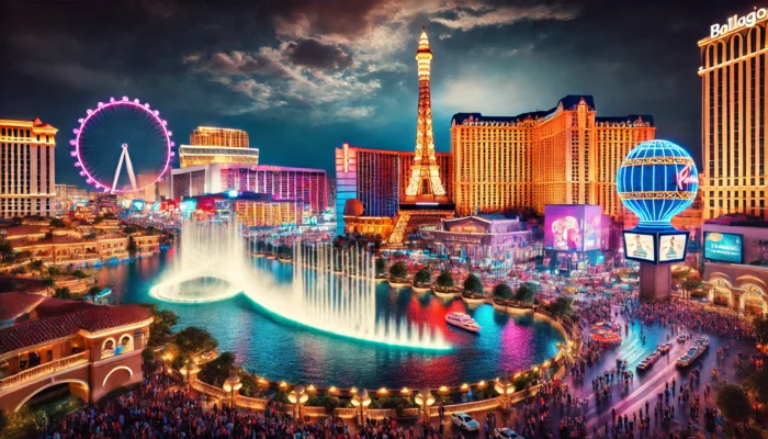 alt= "Iconic landmarks on the Las Vegas Strip"