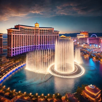alt= "Bellagio Fountains, Las Vegas Strip"