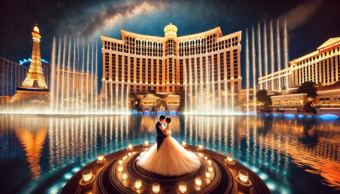 alt= "Las Vegas Wedding photographers at Bellagio Fountains"