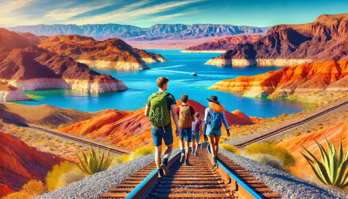 alt= "Hikers on the Historic Railroad Trail, Lake Mead, Las Vegas"