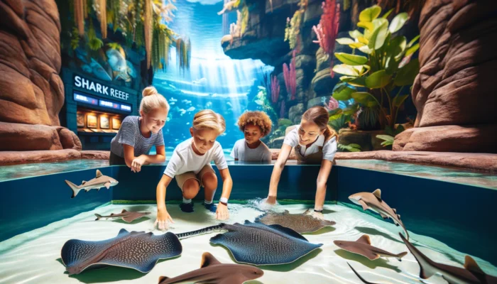 alt= "Family visiting the Shark Reef Aquarium, Las Vegas"