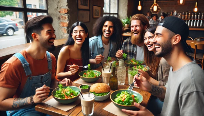 alt= "Friends enjoying a vegan meal in Las Vegas: