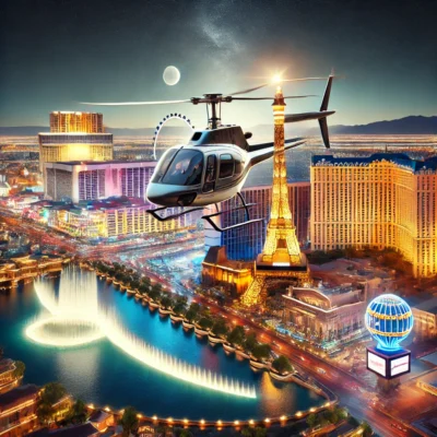 alt= "Helicopter flying over the Las Vegas Strip"