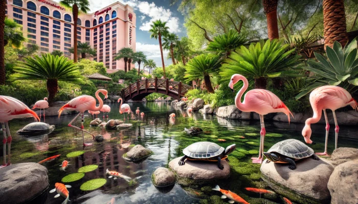 alt= "Main pond at the Wildlife Habitat, Flamingo Hotel"