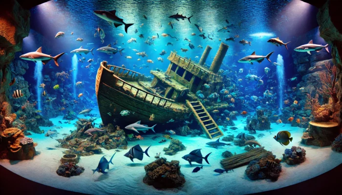alt= "Shipwreck exhibit at the Shark Reef Aquarium, Mandalay Bay Hotel"