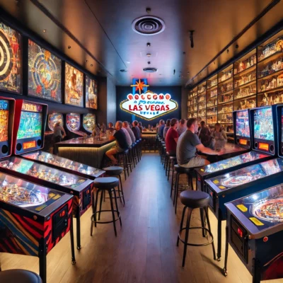 alt= "Vintage and modern arcade machines"