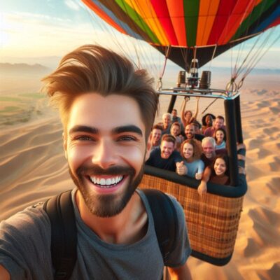 alt= "Hot air balloon lifting off over the Nevada Desert"