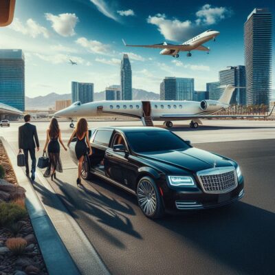 alt= "Luxury car picking up private jet passengers in Las Vegas"