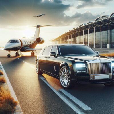 alt= "Luxury car waiting for a private jet in Las Vegas"