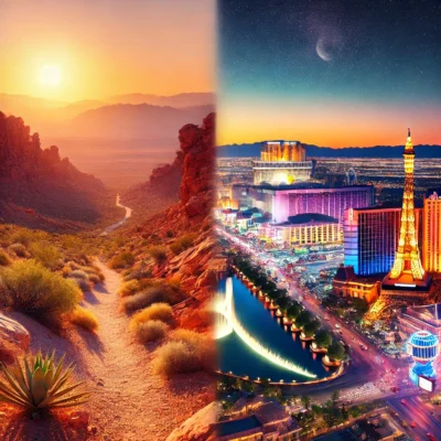 alt= "Desert hikes and the Las Vegas Strip"