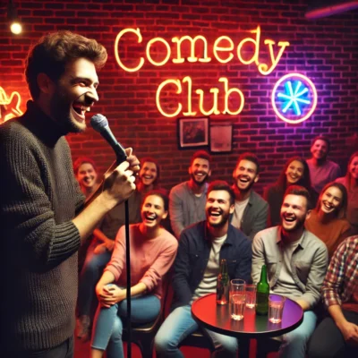 alt= "comedian at a Las Vegas open mic night"