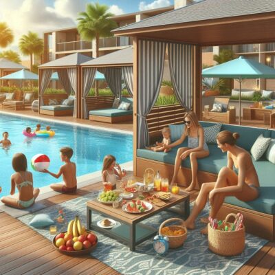alt= "Family-friendly poolside cabanas in Las Vegas"