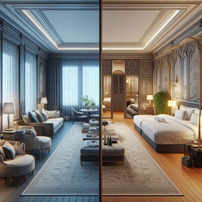 alt= "A regular vs a luxury suite in Las Vegas hotels"