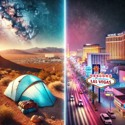 alt= "Camping combined with the Las Vegas Strip"