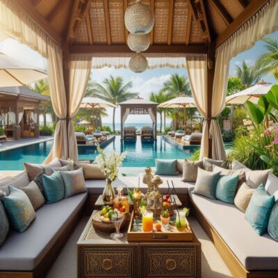 alt= "A private poolside cabana in Las Vegas"