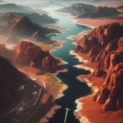 alt= "Red rock Canyon and Lake Mead near Las Vegas"