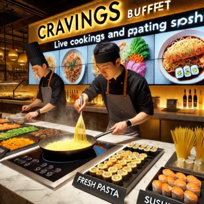 alt= "Live cooking station at Cravings Buffet, The Mirage"