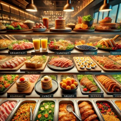 alt= "Food stations at Cravings Buffet, The Mirage"